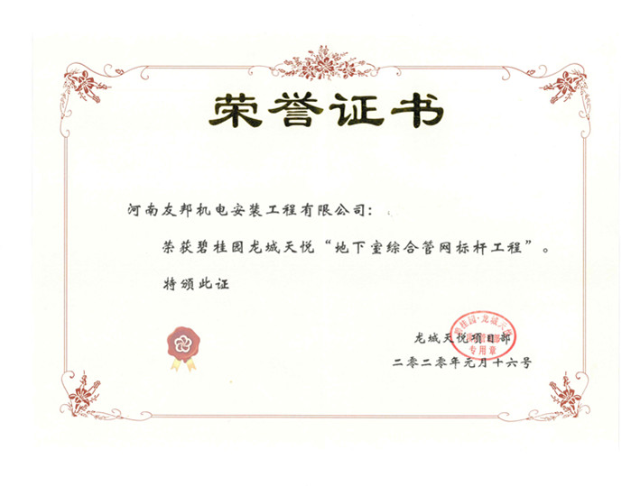 碧桂園龍城天悅榮譽證書